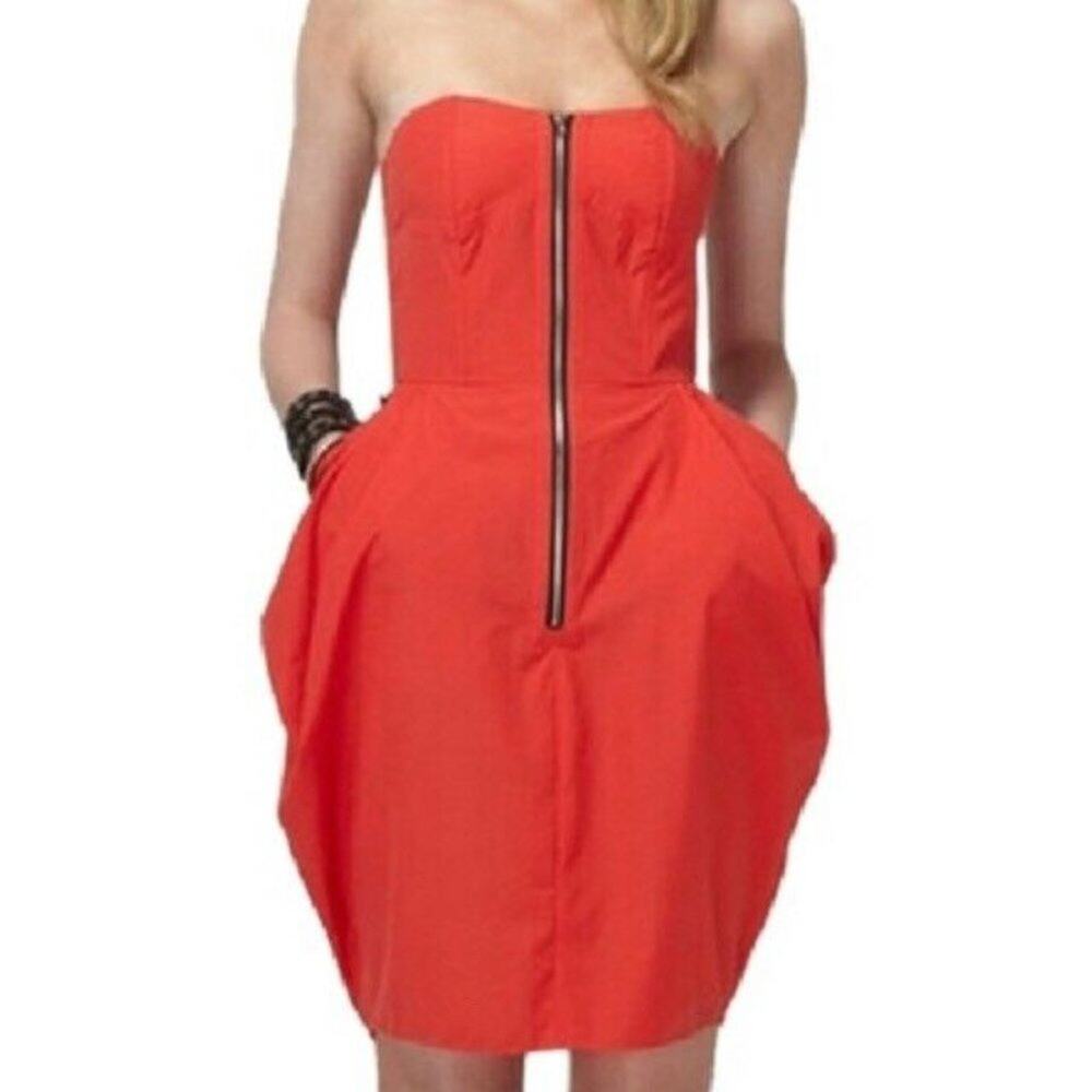 Hayden Harnett Blake Dress Strapless Tulip Pockets Red Zipper Front Red M GUC - Picture 2 of 11